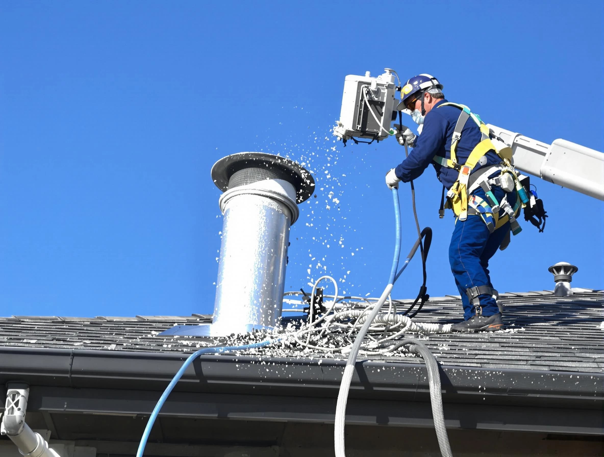 Berkley Dryer Vent Cleaning certified technician safely cleaning a roof-mounted dryer vent in Berkley