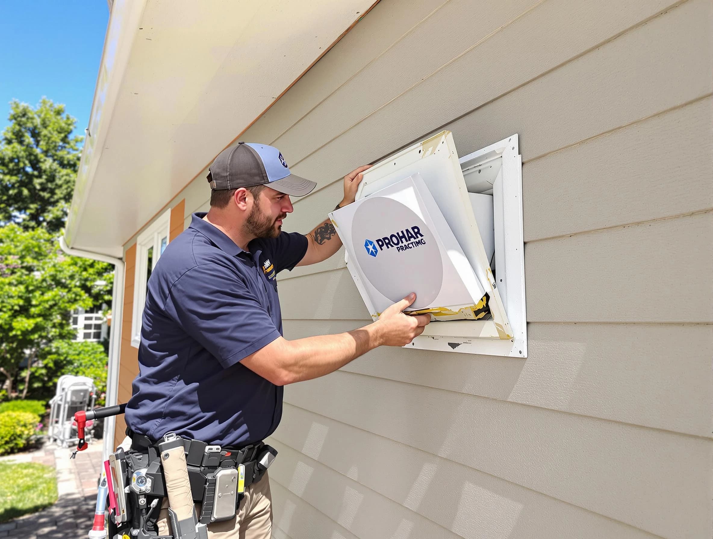 Berkley Dryer Vent Cleaning technician installing a new protective dryer vent cover on a home in Berkley